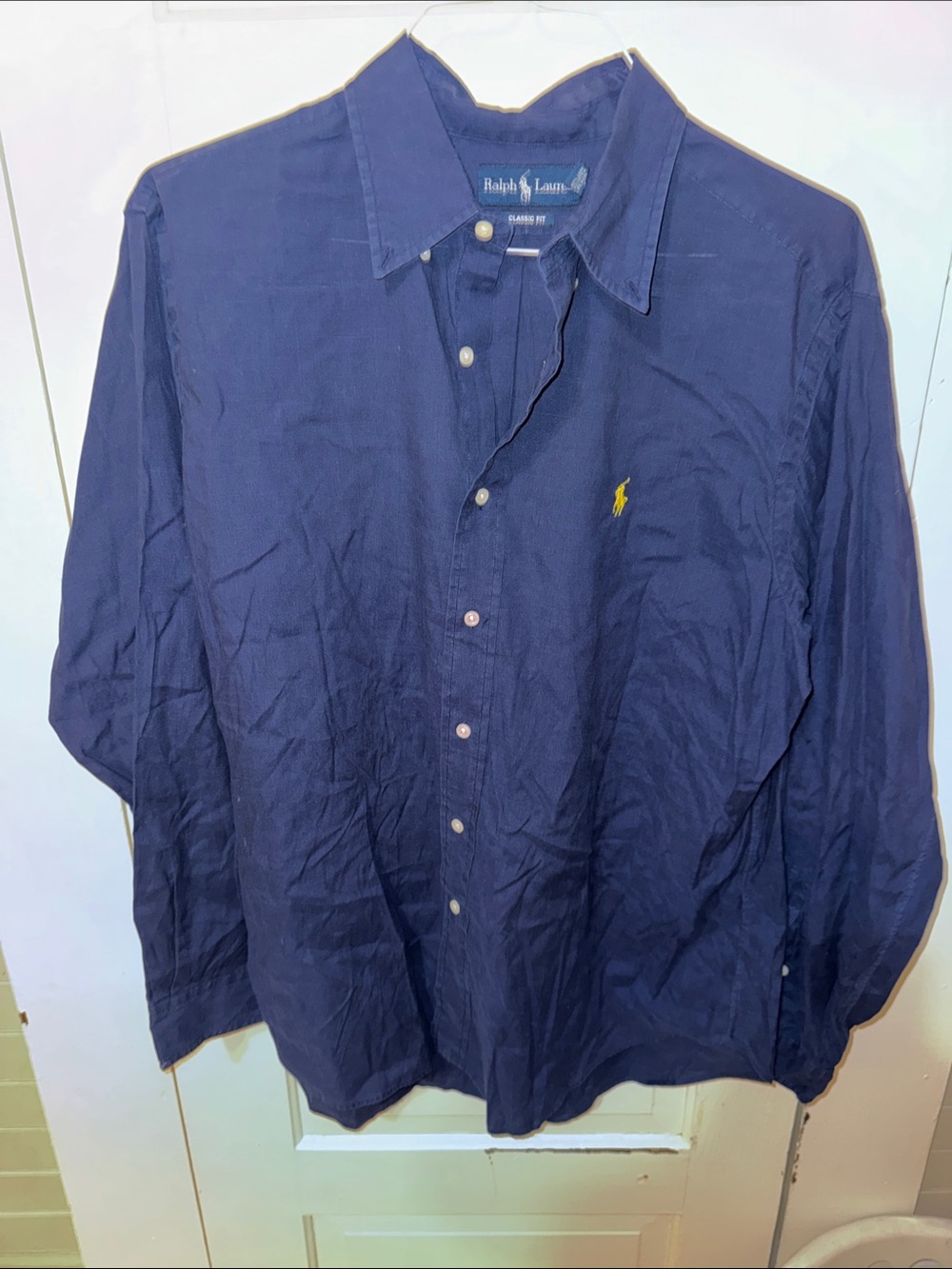 Polo Ralph Lauren Navy Button-Down Long Sleeve Shirt with Yellow Pony L Y2K